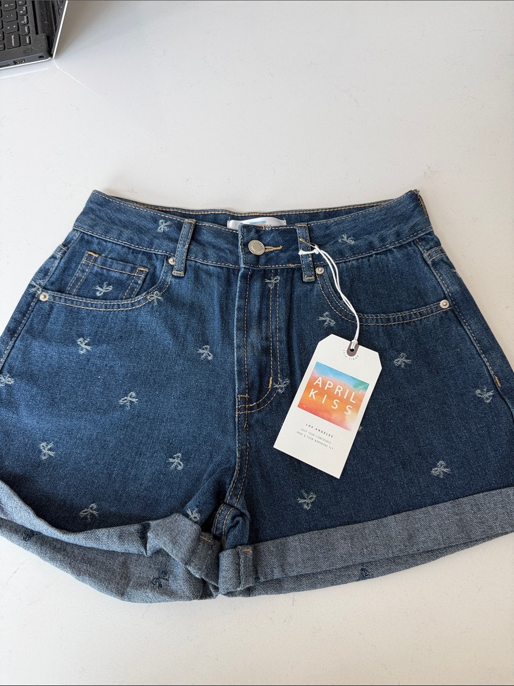 NWT April Kiss Dark Blue Denim Shorts with Bow Detail Sizes 5 & 9